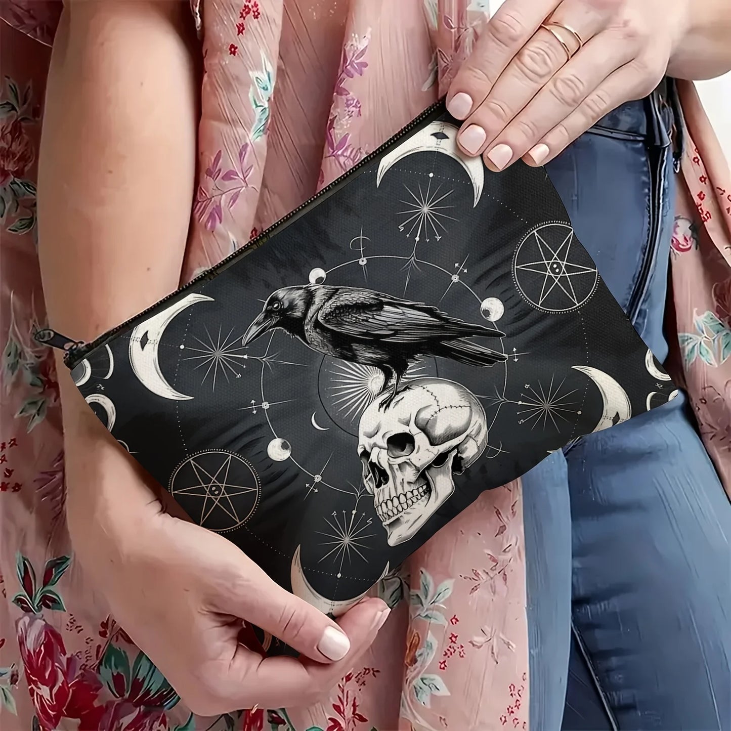 Halloween Crow Skull Makeup Bag