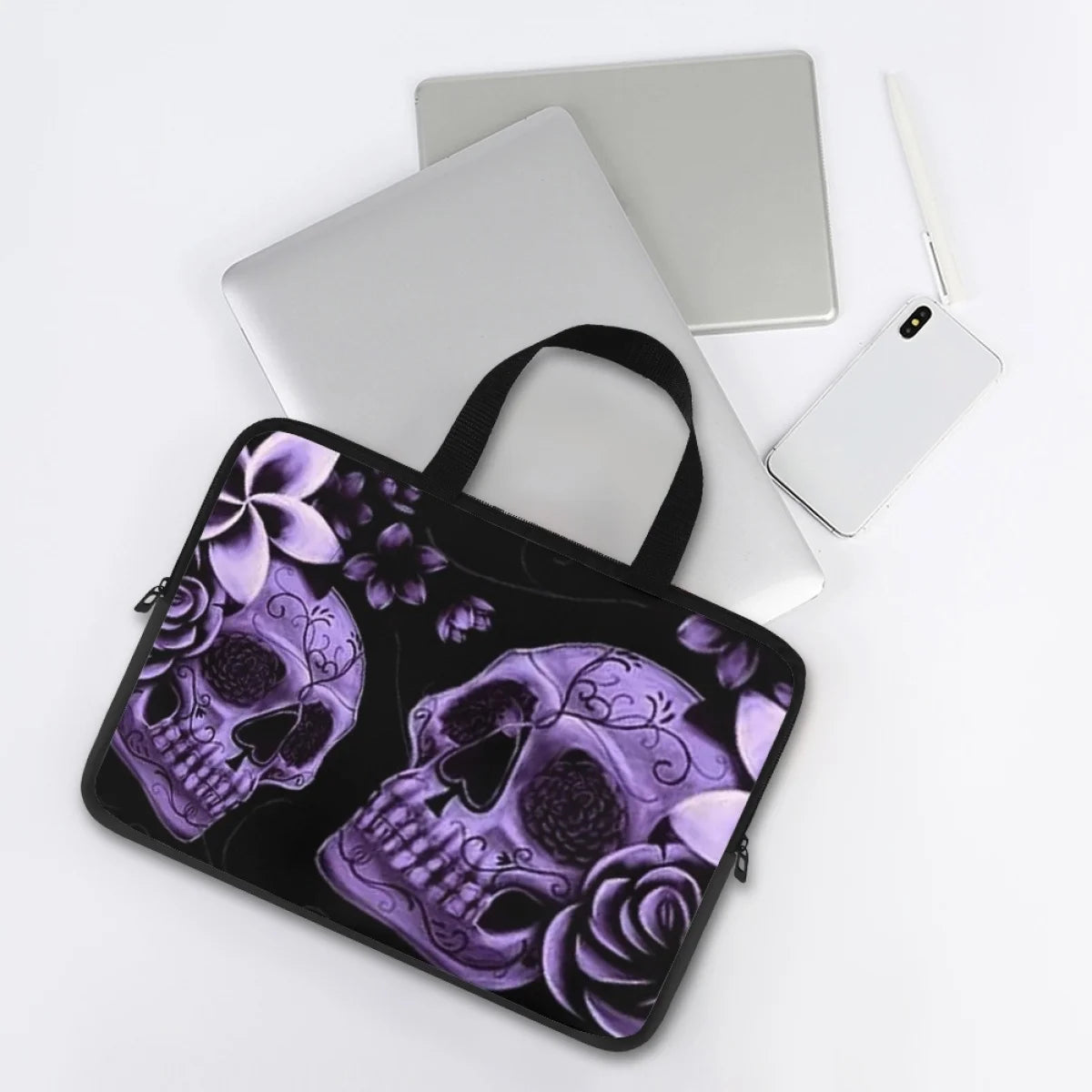 Purple Rose Skull Print Laptop Sleeve