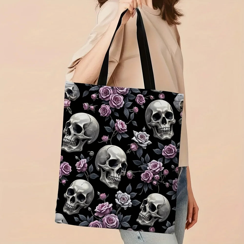 Gothic Rose Floral Skull Tote Bag